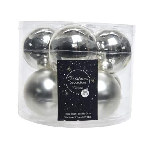 Weihnachtskugeln Glas SILBER glänzend und matt Ø7 cm, 8 Stück für Weihnachtsbaum und Weihnachtsschmuck
