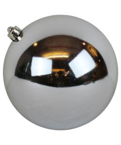 stor julekugle i plastik diameter 14 centimeter blank sølv overflade