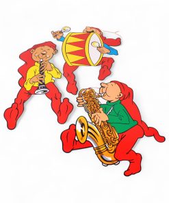 40 centimeter store karton brammingnisser der spiller klarinet, saxofon og tromme