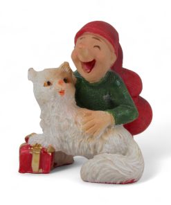 bramming nisse figur med grøn trøje med kat i polystone