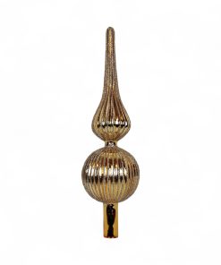 guld blank topspir på 31 cm høj og har en diameter på 8 cm