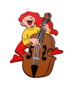 stor træ bramming nisse som spiller bas med snor til ophæng