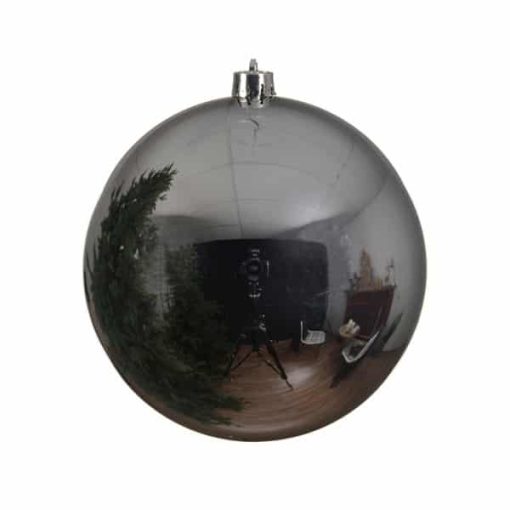 stor julekugle i plastik diameter 25 centimeter blank sølv overflade