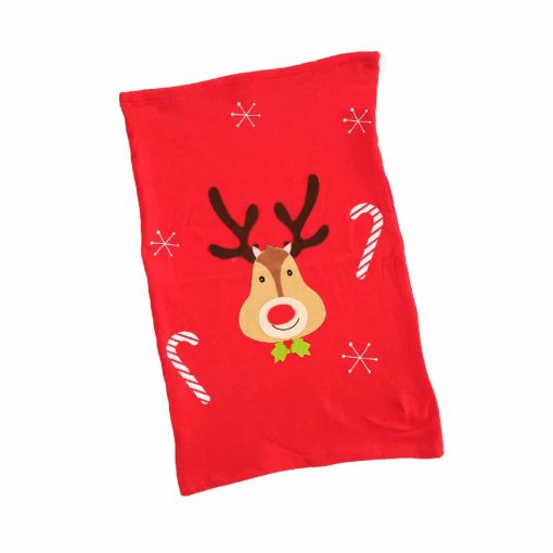 Sack für Weihnachtsgeschenke mit Motiv von Rudolf mit der roten Nase und Zuckerstangen. Rot.