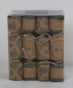 8 styk beige knallerter med grønt kogle print og glædelig jul