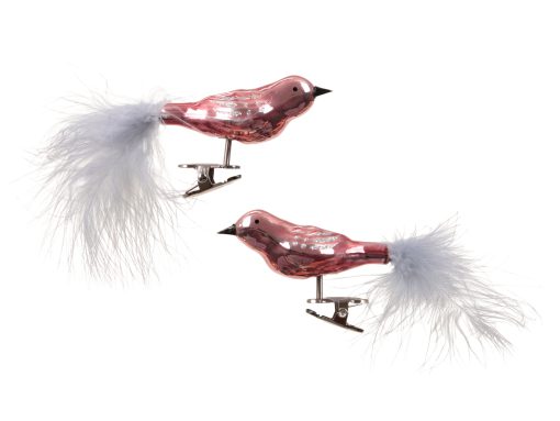 Glasvögel mit Schwanzfedern in DUNKEL BLOSSOM, glänzend. Zwei Stück mit Clips. Für Weihnachtsbaum