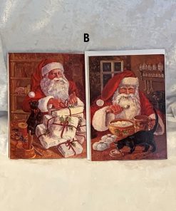 4 styk dobbelte julepostkort med kuverter med julemand og kat