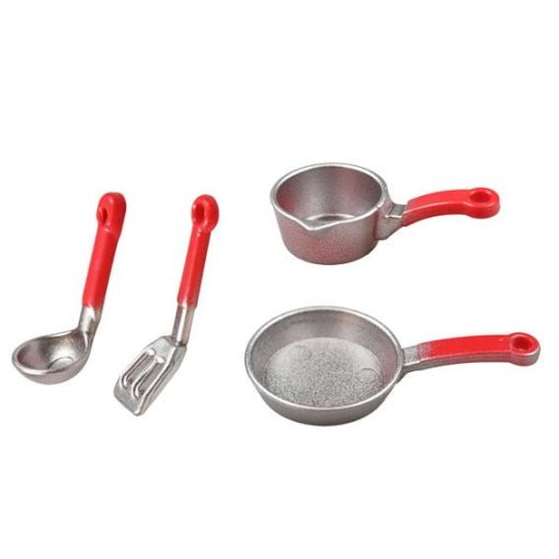 Küchenset für Wichtel, 4 Teile. Silber und Rot. Zubehör für Wichteltür.