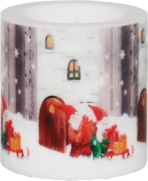 bloklys med vokskant med santas in sleigh på 9,8 x 10 centimeter også kaldet lampelys på grund af gflammens lysskær igennem julemotivet