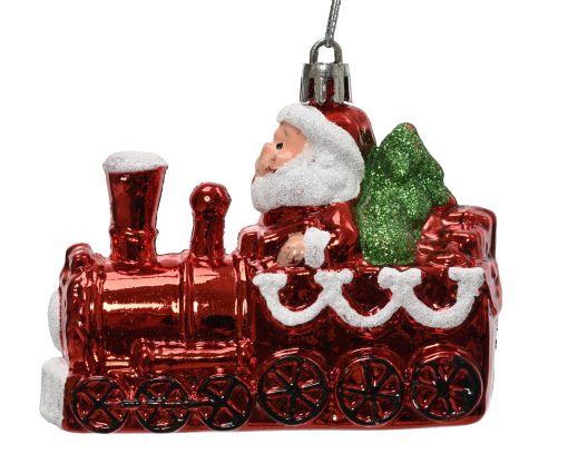 Julekulefigur i plast. Juletog med julenisse. 3,8 cm.