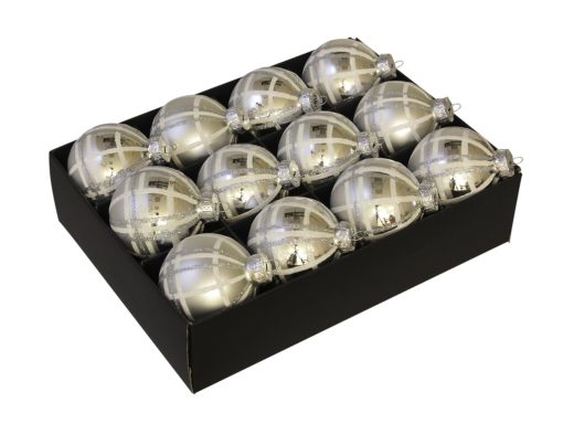 Weihnachtskugeln Glas SILBER Ø75 Dekoration mit KARIERTEM Muster 12 Stk.