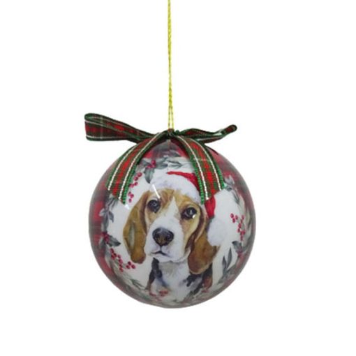 Julekule med beagle hund med hatt. Diameter 7,5 cm.