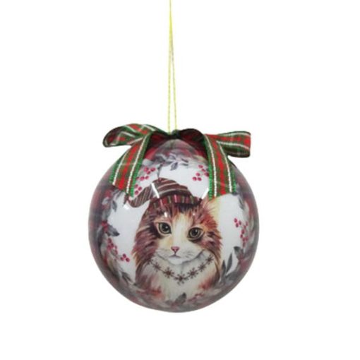Julekule med langhåret katt med hatt. Diameter 7,5 cm.