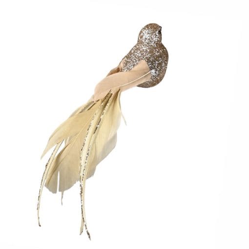 Vogel auf Clip, champagnerfarben mit Glitzer. 21 cm.