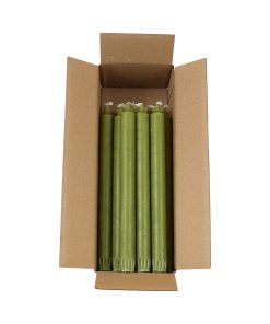 kasse med 18 styk marmorerede lyse olivengrønne kronelys på 25 centimeter