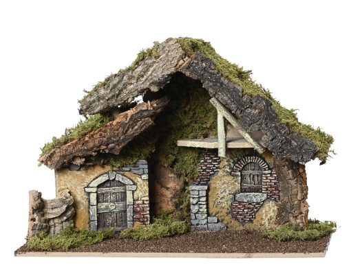 Stall med loft til krybbespill og julelandskaper. Høyde 29 cm.