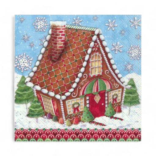 Weihnachtsservietten mit Lebkuchenhaus. Kaffeetücher 25 x 25 cm.