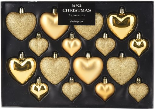 16 styk guld hjerter i plastik matte og blanke og med glimmer, mat og blank i ø4,5 og ø6,5 centimeter