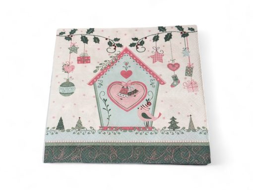 Servietten für WEIHNACHTEN. Grüne und pinke Farben mit Vogelhaus und Vogel. Mittagessen Größe. 20 Stk.