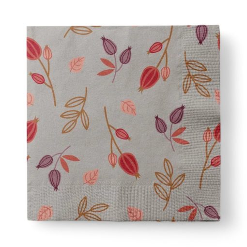Servietten, graubraun mit roten Blumen und Blättern. 20 Stk.