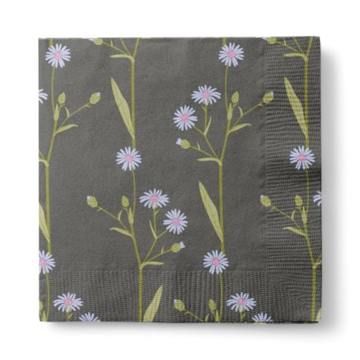 Servietten mit Herbstblumen. 20 Stk. Dunkelgrau mit Astern. 33 x 33 cm.