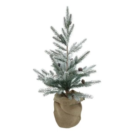 Künstlicher Weihnachtsbaum mit Schnee und Zapfen im Jutesack. 75 cm.