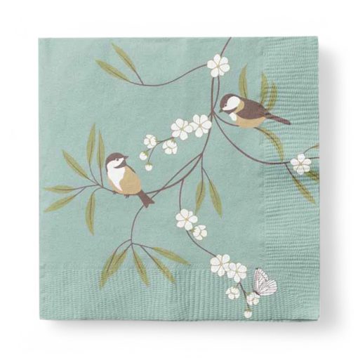 Mittagessenservietten für Frühling. Blaugrüne mit Blumenästen und Vögeln. 20 Stk.