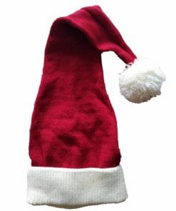 rød glat strikket nissehue fra nissebanden med hvid kant og kvast