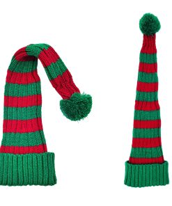 grov ribstrikket nissehue i grøn og rød stribet