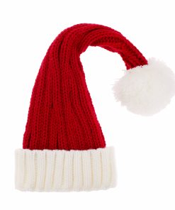 grov rib strikket baby nissehue i rød og hvid med kvast