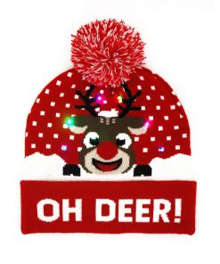 rød hvid beanie hue med rensdyr med "oh deer" og blinkende led