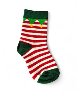Weihnachtssocken für Kinder. Größe 2-4 Jahre. Gestreift rot-weiß mit grünen Zehen