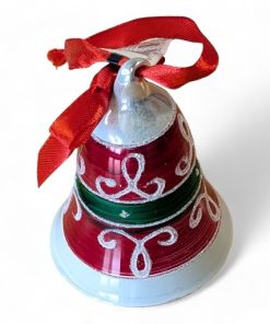 Juleklokke i glass med klokke og sløyfe. 9 cm.