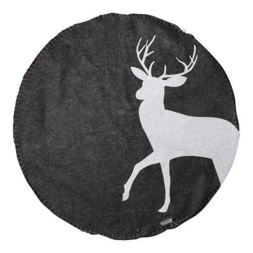 Juletreteppe i grå filt med hvit reinsdyr. Diameter 100 cm.