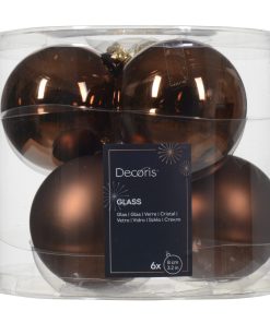 6 styk ø8 espressobrune glasjulekugler blank og mat til juletræ