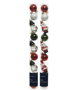 rør med 9 styk julekugler og snemandsfigurer i glas i julefarver