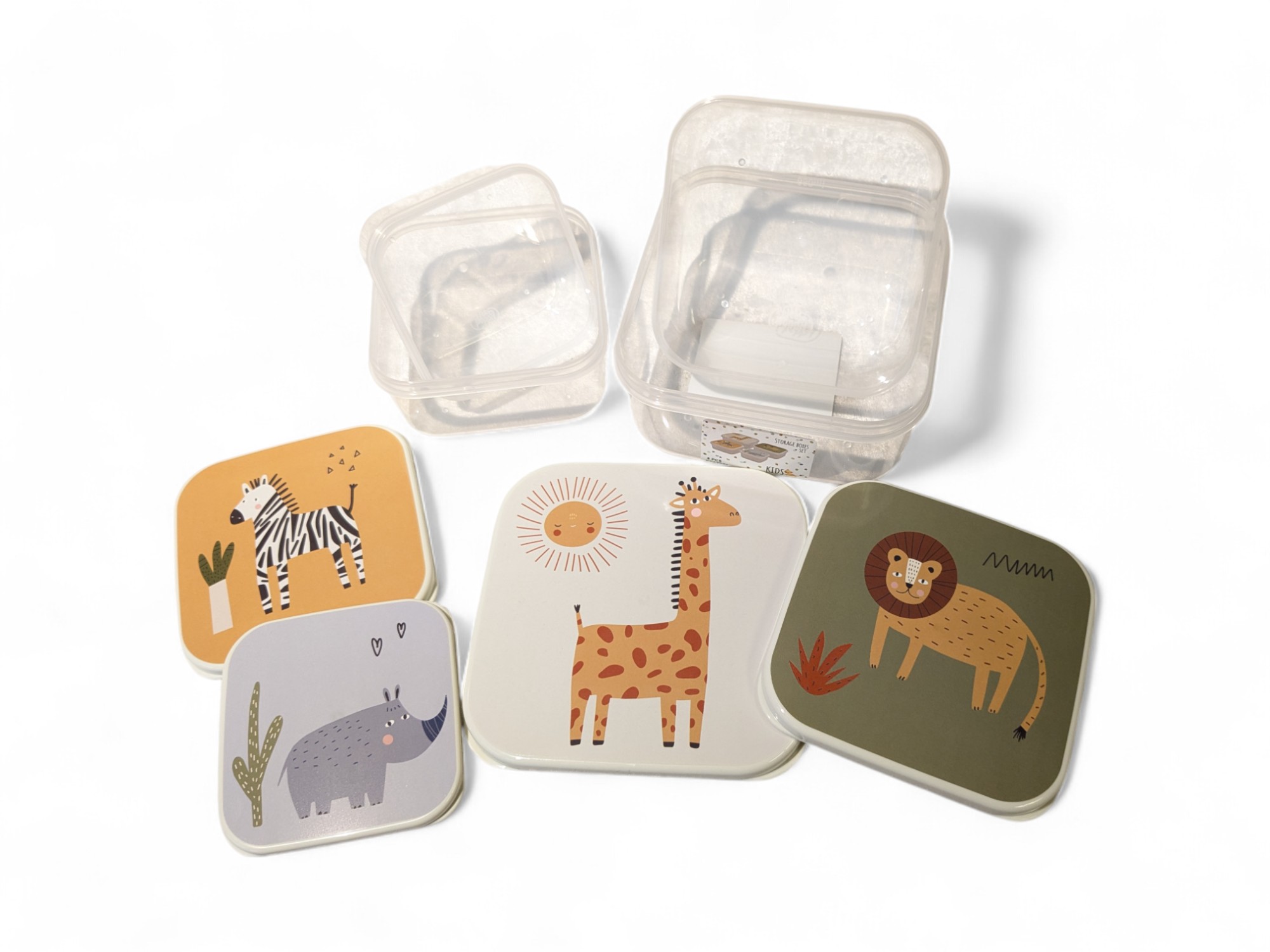Brotdosenset für Kinder mit afrikanischen Tieren. 4 Stk. aus Plastik