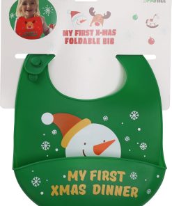 Baby-Lätzchen aus Silikon. Grün mit Tasche. Schneemann 24 cm.