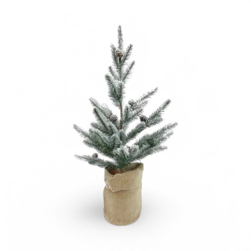Künstlicher Weihnachtsbaum mit Schnee und Zapfen im Jutesack. 65 cm.