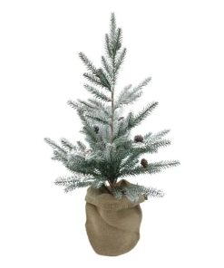 kunstigt juletræ med lidt sne og kogler i jute potte og højde på 75 centimeter