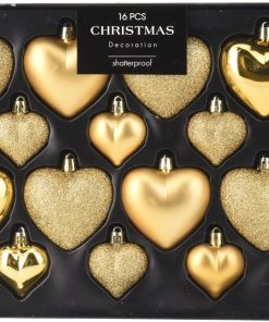 16 styk guld hjerter i plastik matte og blanke og med glimmer, mat og blank i ø4,5 og ø6,5 centimeter