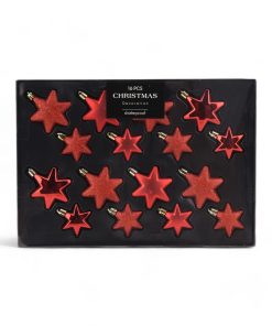16 styk røde stjerner i plastik matte og blanke og med glimmer, mat og blank i ø45 og ø65