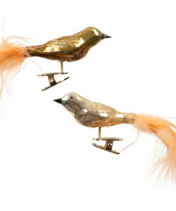 Glassfugler med halefjær i MØRK LIME, blanke. To stk. med klips. Til juletre