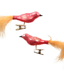 Glassfugler med halefjær i KAMELIA ROSA, blanke. To stk. med klyper. Til juletre