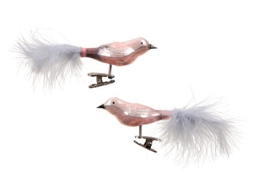 2 styk glasfugle med fjerhale og clips i skinnende lys blossom nuancer