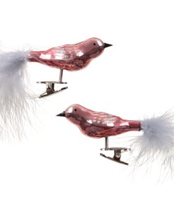 Glassfugler med halefjær i MØRK BLOSSOM, skinnende. To stk. med klyper. Til juletre