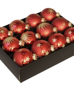 12 styk røde glas julekugler ø75 med med stjernemønster