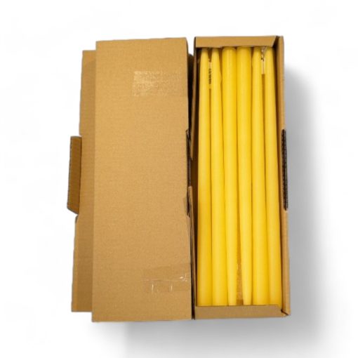 Stakelys GUL. Dyppede stearinlys 40 cm. Kasse á 12 stk.