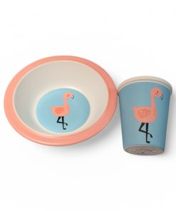 dyb tallerken og krus til børn med pink flamingo
