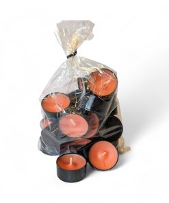 Teelichter, ORANGE in schwarzem Plastikbecher. Beutel mit 20 Stück.